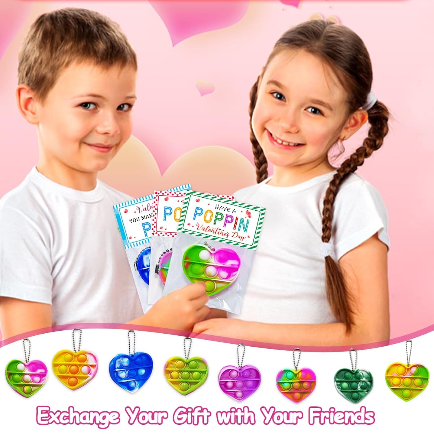32 Pack Valentines Day Cards For Kids School, Pop It Valentines Cards For Kids, Classroom Bulk Gifts With Keychains Cards, Perfect For School Party Favors Class Exchanges