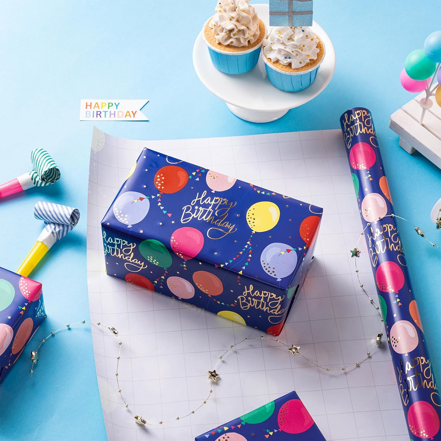 Birthday Wrapping Paper Roll, Mini Roll, Colorful Balloon With Gold Foil Happy Birthday Text Design Gift Wrap Paper For Boys Girls, Baby Shower, Party And More, 17 Inches X 9.8 Feet