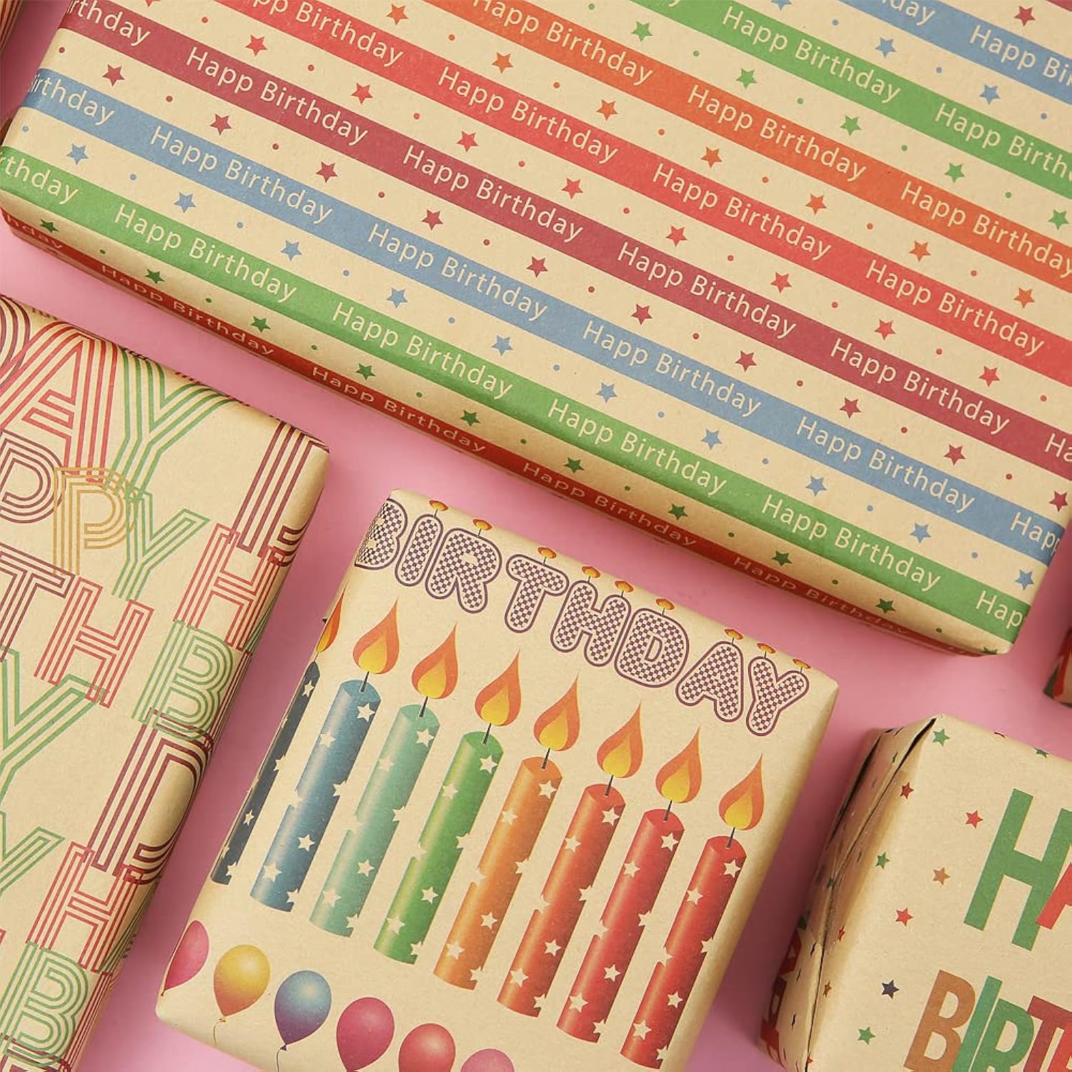 Kraft Colorful Happy Birthday Wrapping Paper For Men Women Boys Girls Kids, 4 Sheets In 4 Designs Folded Flat 20X28 Inches Per Sheet For Birthday Party, Gift Wrapping, Crafts & More
