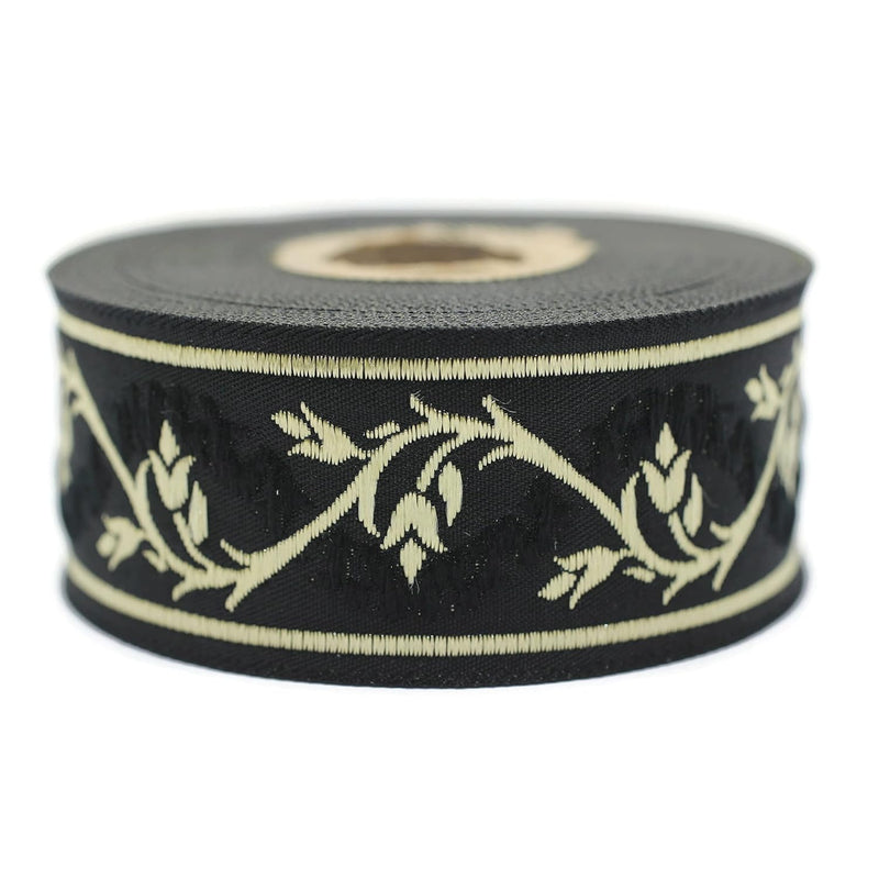 11 Yard Spool 1.37 Inches Wide Black Gold Tulips Jacquard Ribbon Woven Trim Wo