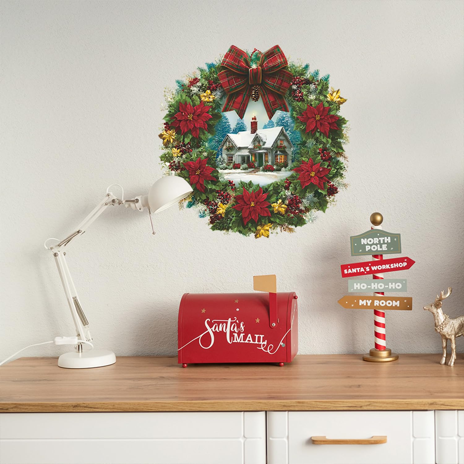 2 Sheets Christmas Wall Decals Peel And Stick Christmas Wreath Wall Stickers Vinyl Winter Xmas Snow House Wall Decor For Bedroom Living Room Home Party Decorations