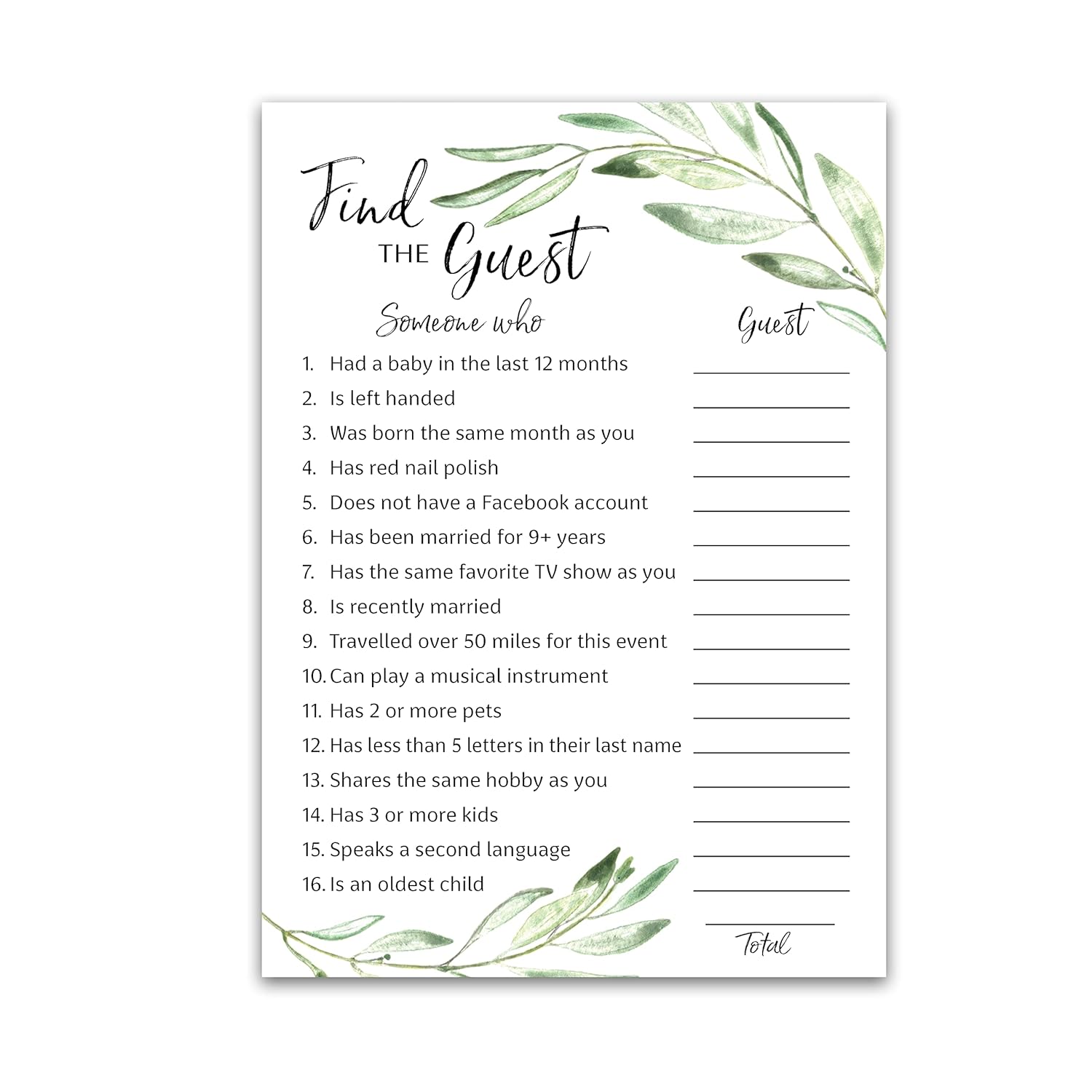 Greenery — Find The Guest Baby Shower Game — Pack Of 25 — Gender Neutral Baby Shower Game, Succulents Green Olive Branch Icebreaker Baby Shower Party Game, Guess Who Came To The Party Game G320-Ftg