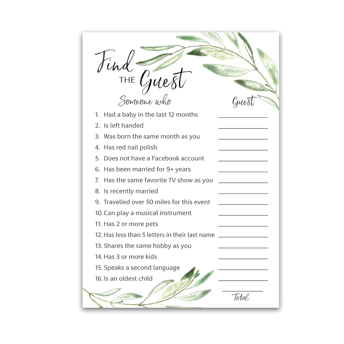 Greenery — Find The Guest Baby Shower Game — Pack Of 25 — Gender Neutral Baby Shower Game, Succulents Green Olive Branch Icebreaker Baby Shower Party Game, Guess Who Came To The Party Game G320-Ftg