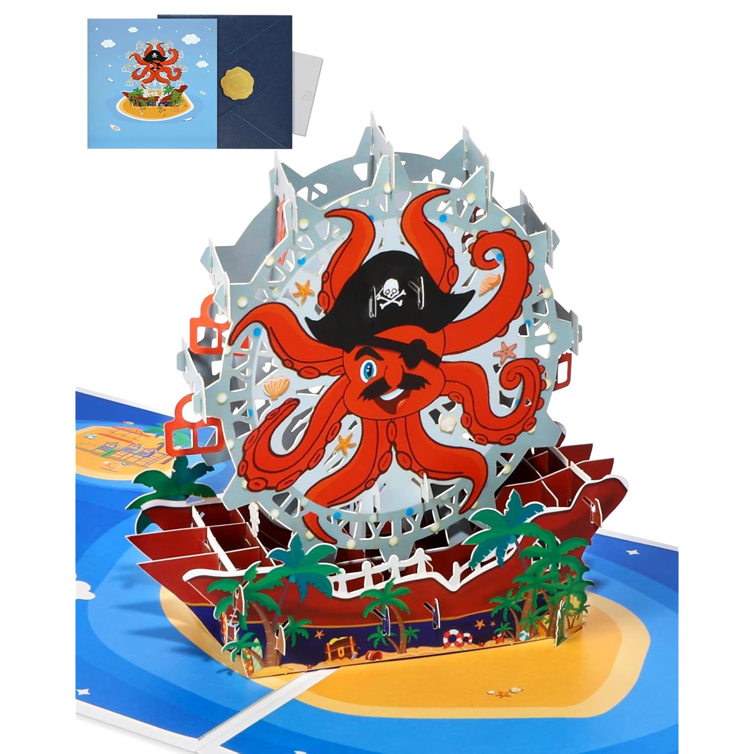 Octopus Pop Up Card With Envelope - Cool Pirate Captain Fun 3D Card For All Occasion Birthday Christmas Valentines Easter With Blank Note, Surprise Gifts For Boys Kids Son Brother Friends