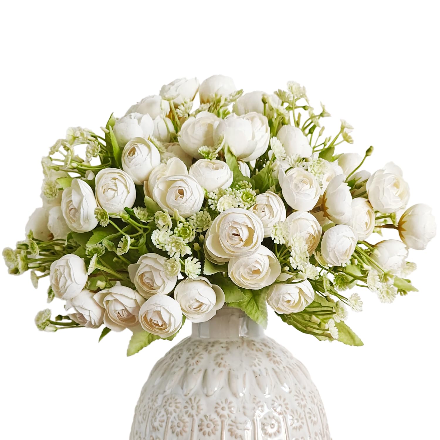 Artificial Ranunculus Flower White Silk Flowers Faux Diy Bouquet For Wedding Engagement Centerpieces Arrangements Bridal Shower Decorations Home Decor, White