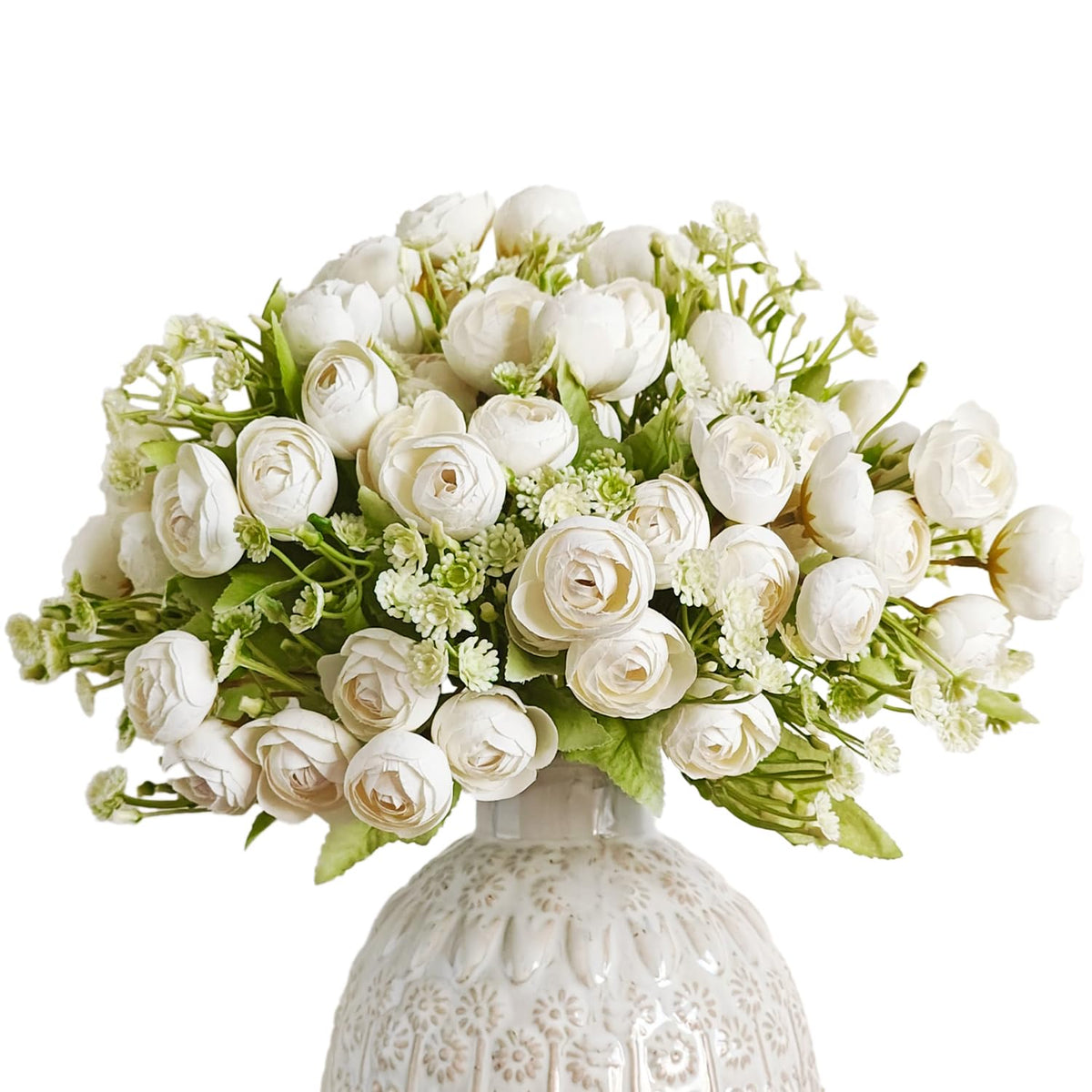 Artificial Ranunculus Flower White Silk Flowers Faux Diy Bouquet For Wedding Engagement Centerpieces Arrangements Bridal Shower Decorations Home Decor, White