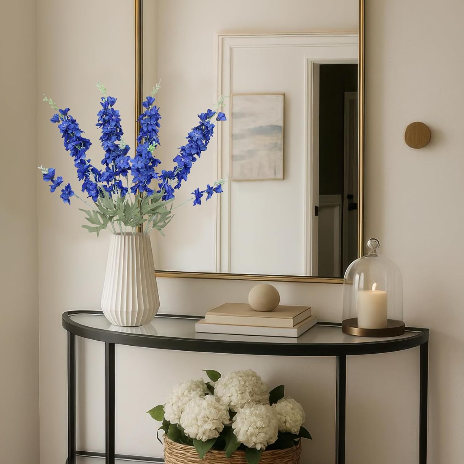 4Pcs Delphinium Artificial Flowers 33.5" Silk Flowers Bulk Larkspur Flower Long Stem Fake Delphinium Plant For Home Decor Tall Vase Autumn Floral Arrangement Centerpiece Bouquet Dark Blue