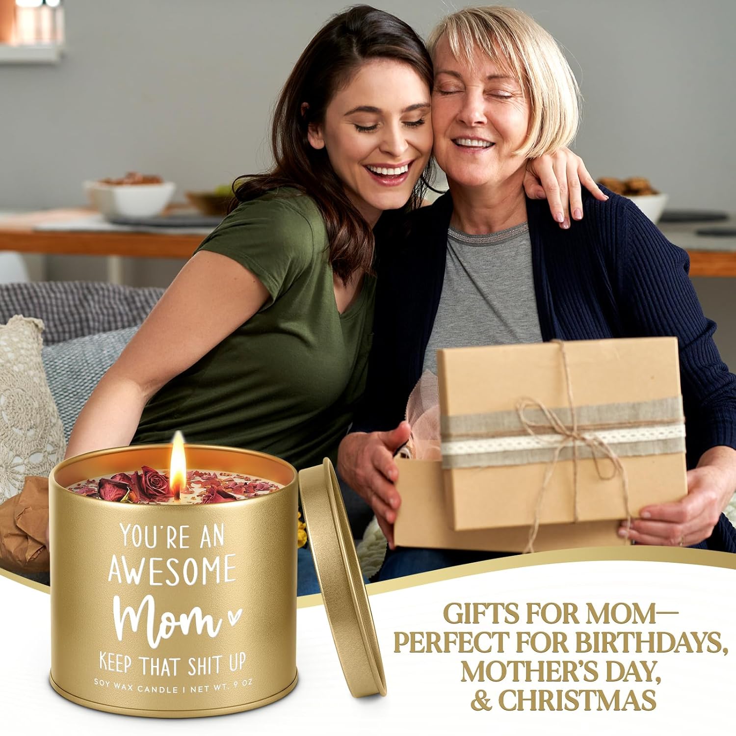Funny Gifts For Mom Birthday Valentines Day, You Are An Awesome Mom Candle, Best Moms Ever Gifts For Valentines, Mothers Day, Christmas, Soy Wax Candle With Dried Rose, 9Oz (Matte Gold)