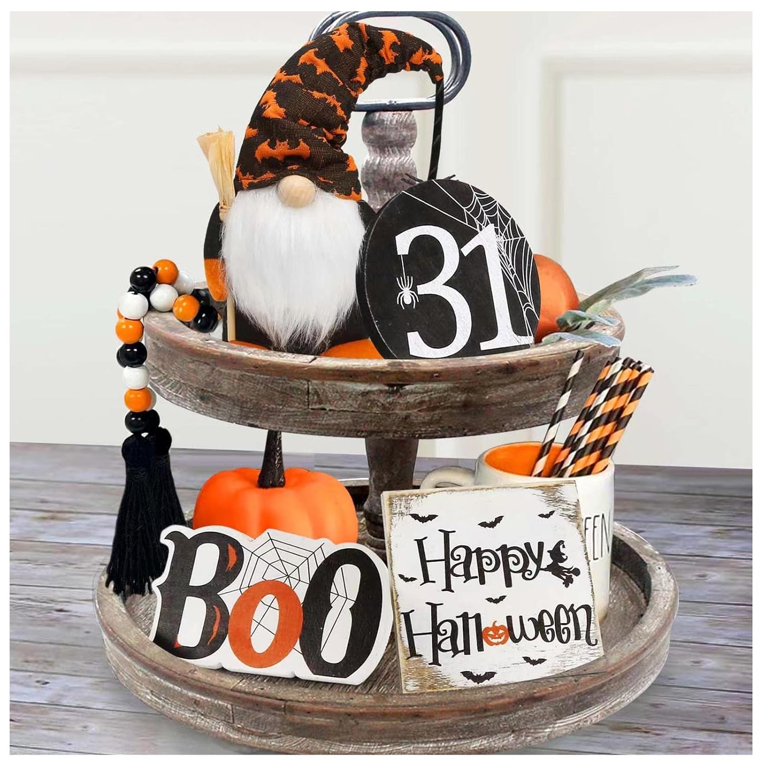 Halloween Decor - Halloween Decorations - Boo Happy Halloween Wooden Signs - Cute Gnomes Plush And Bead Garland - Farmhouse Rustic Tiered Tray Decor Items For Home Table House Room