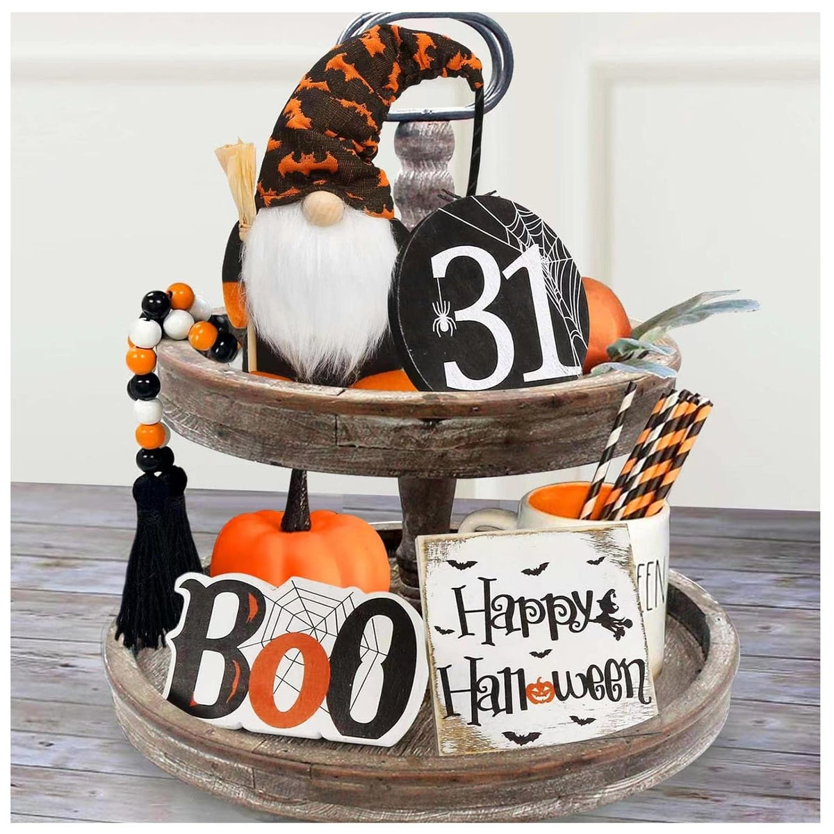Halloween Decor - Halloween Decorations - Boo Happy Halloween Wooden Signs - Cute Gnomes Plush And Bead Garland - Farmhouse Rustic Tiered Tray Decor Items For Home Table House Room