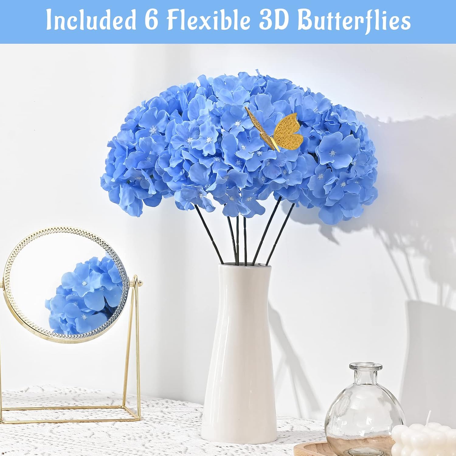 24Pcs Blue Hydrangea Artificial Flowers, Faux Hydrangea Flowers With Stems, Full Heads Silk Fake Hydrangea Flowers For Wedding Bouquet Home Party Decor Centerpieces Floral Arrangements