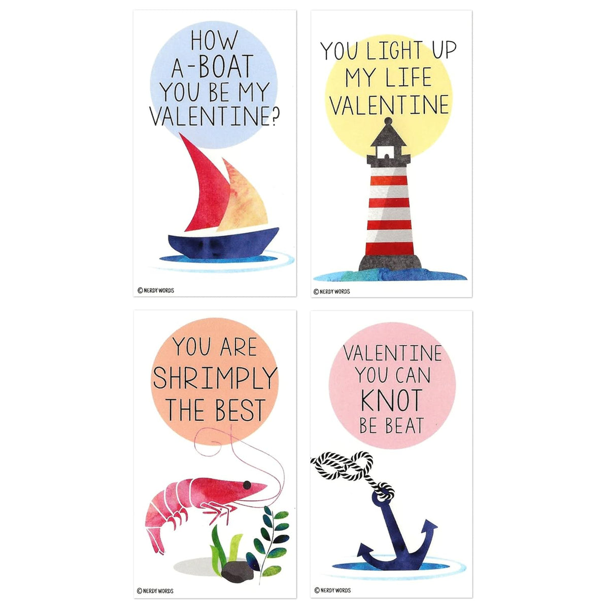Mini Nautical Boat Anchor Shrimp Lighthouse Valentines (Wallet-Sized Valentines With Tiny Envelopes) Ocean And Sea Cards For Valentine'S Day (Set Of 24)