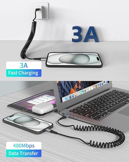 2 Pack 3FT Retractable USB A to USB C Coiled Car Charging Cable 3A for CarPlay Android Auto