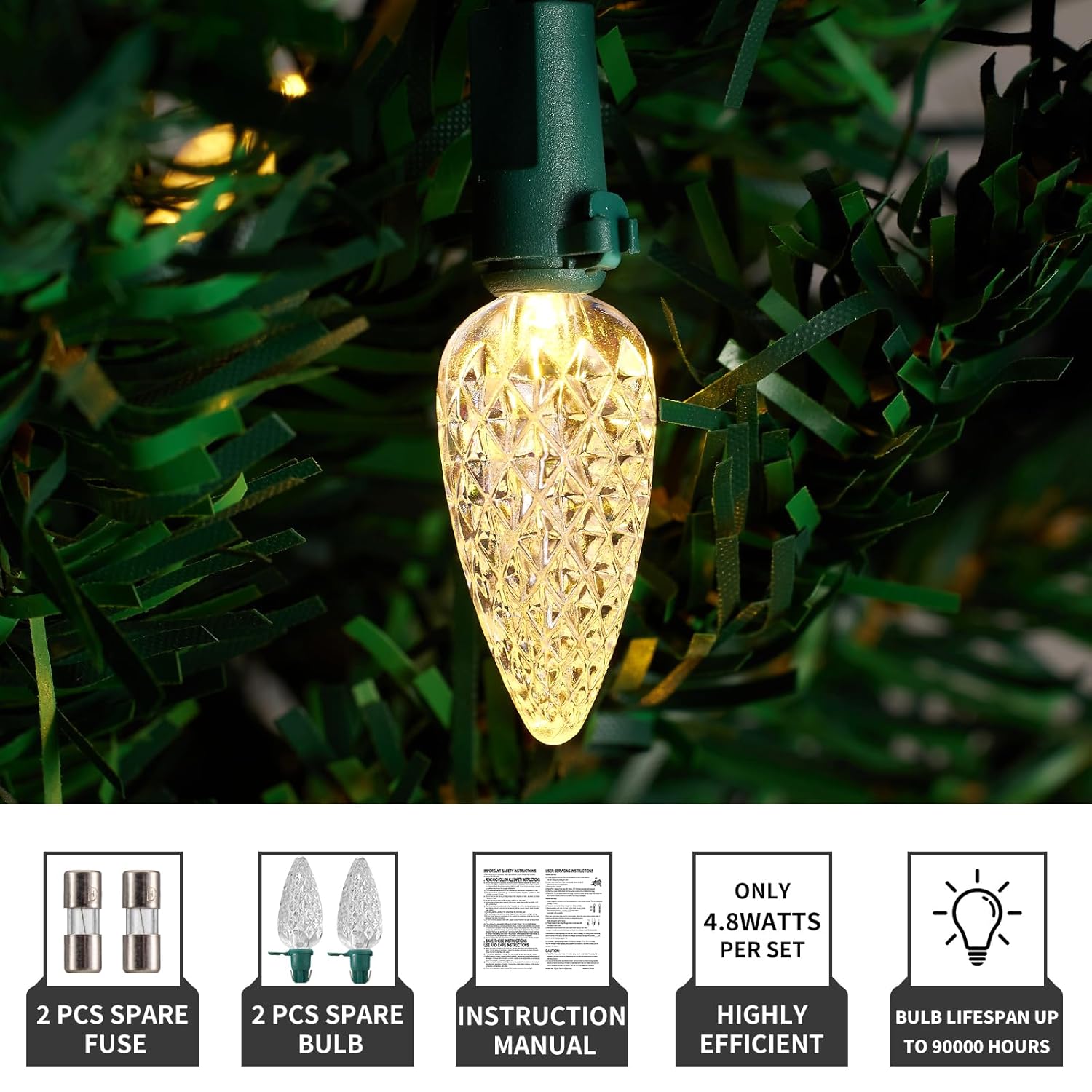 Christmas Lights C6 Led Warm White 70L Green Wire Connectable String Lights Length 24.8 Feet Indoor Outdoor For Festival