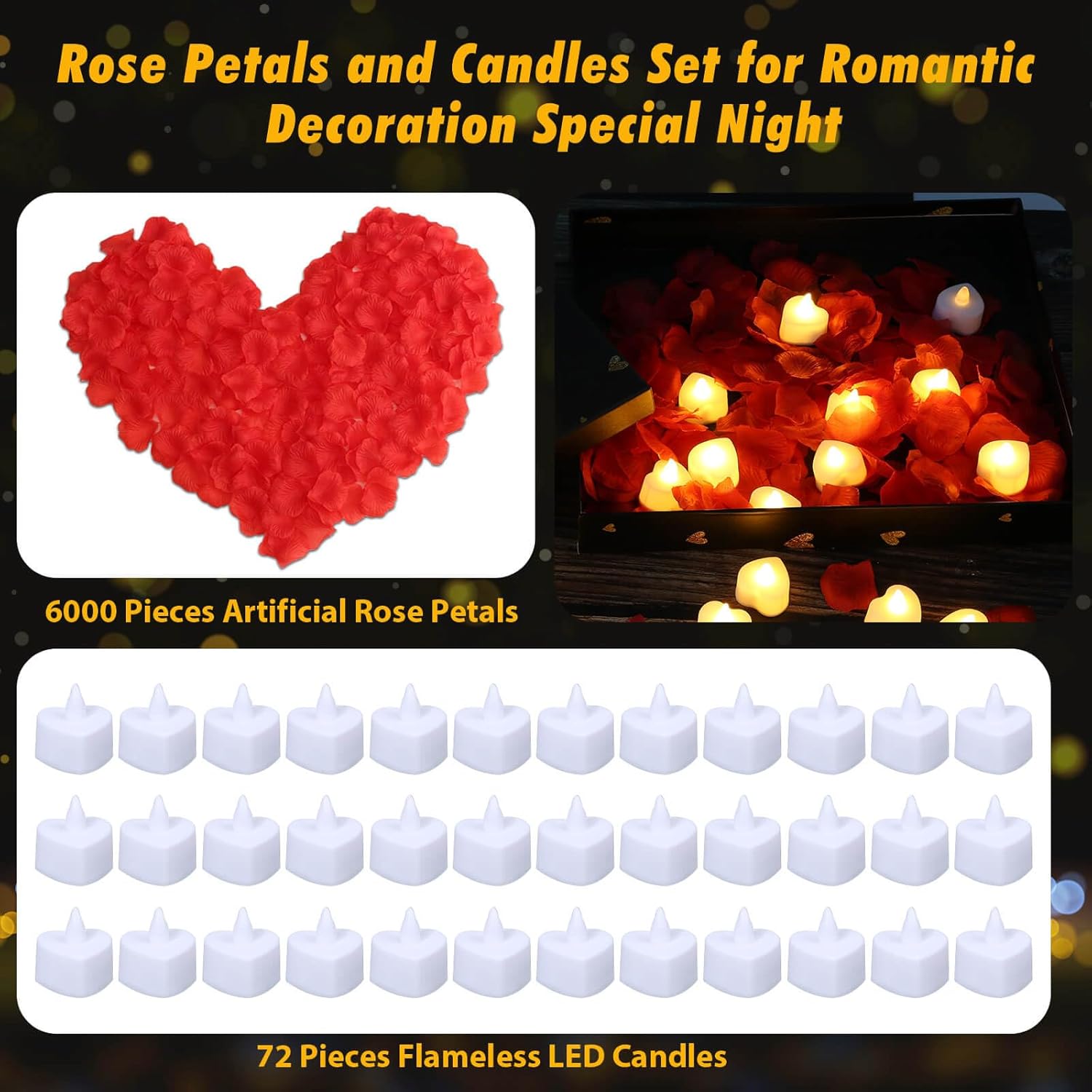 Rose Petals And Candles Set, 6000 Pieces Fake Rose Petals And 72 Pieces Heart Candle Lights For Bedroom Romantic Decorations For Special Night, Wedding, Anniversary, Valentines Day