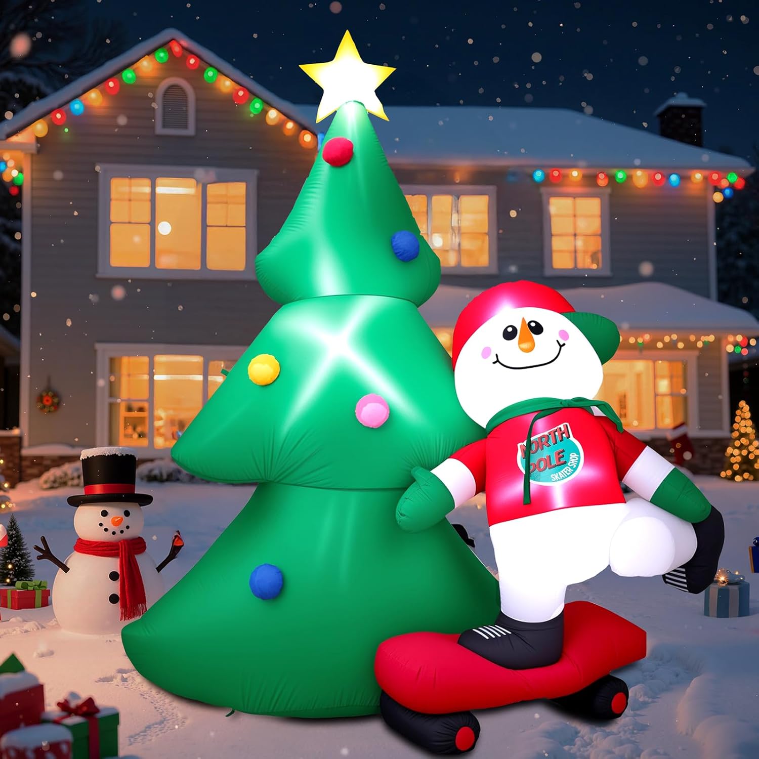7 Ft Christmas Inflatable Snowboarding Snowman With Tree, Outdoor Yard Decoration With Built-In Led Lights, Blow Up Xmas