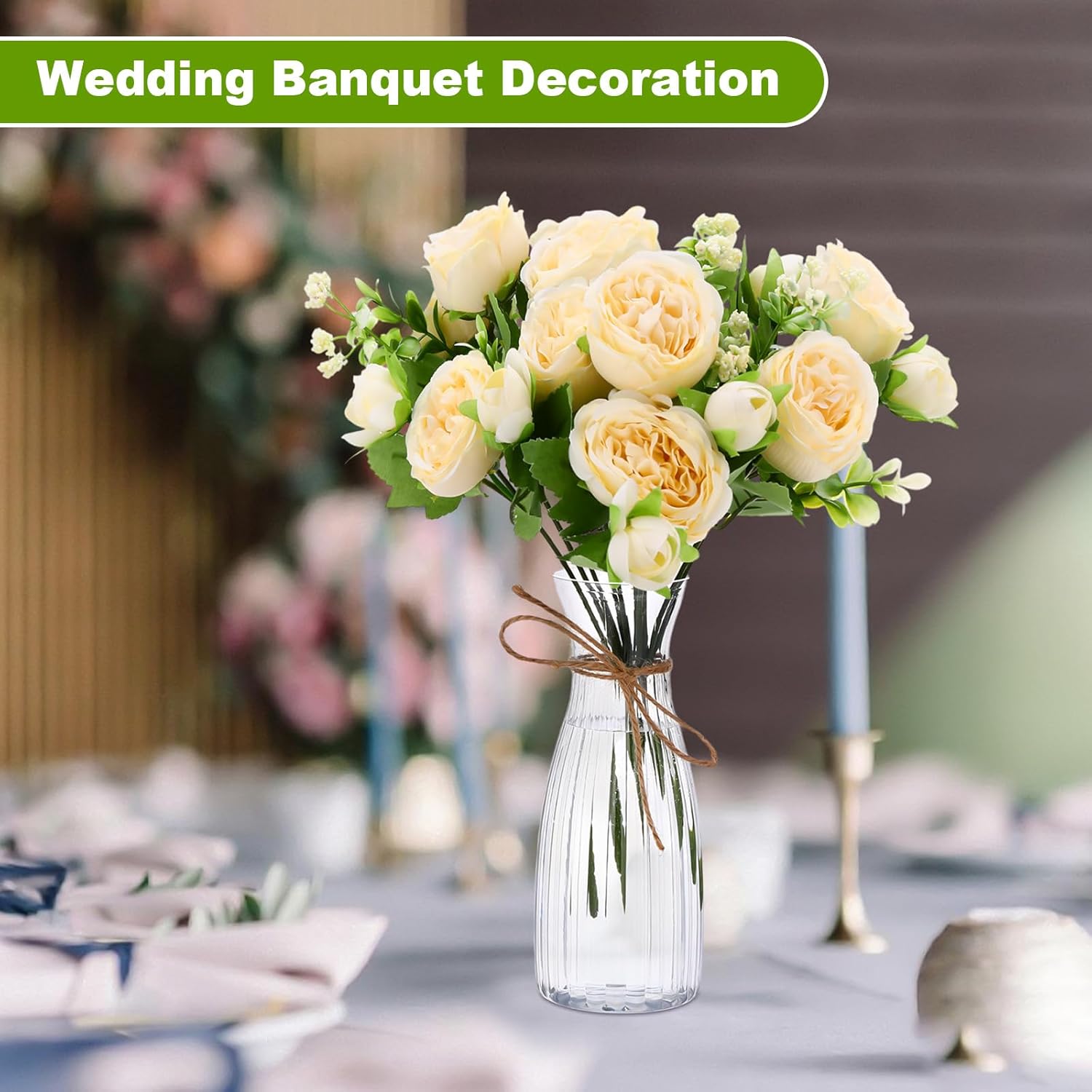 19 Pack Artificial Peony Flowers With Vase Bulk, 12 Bundles Silk Peony Bouquet 6 Plastic Clear Vase With 1 Pcs Rope, Table Centerpiece Arrangement Decoration Wedding Party(Champagne)
