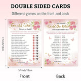 Baby Shower Games For Girl, 4 Fun Games For 25 Guests, Pink Floral Baby Shower Decorations, Who Knows Mommy Best, Guess Who Mommy Or Daddy, Word Scramble, Babies Descriptions & Well Wishes