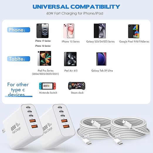 2 Pack 60W 5 Port USB C Fast Wall Charger with 10FT USB C Cable for iPhone 17 16 15 iPad