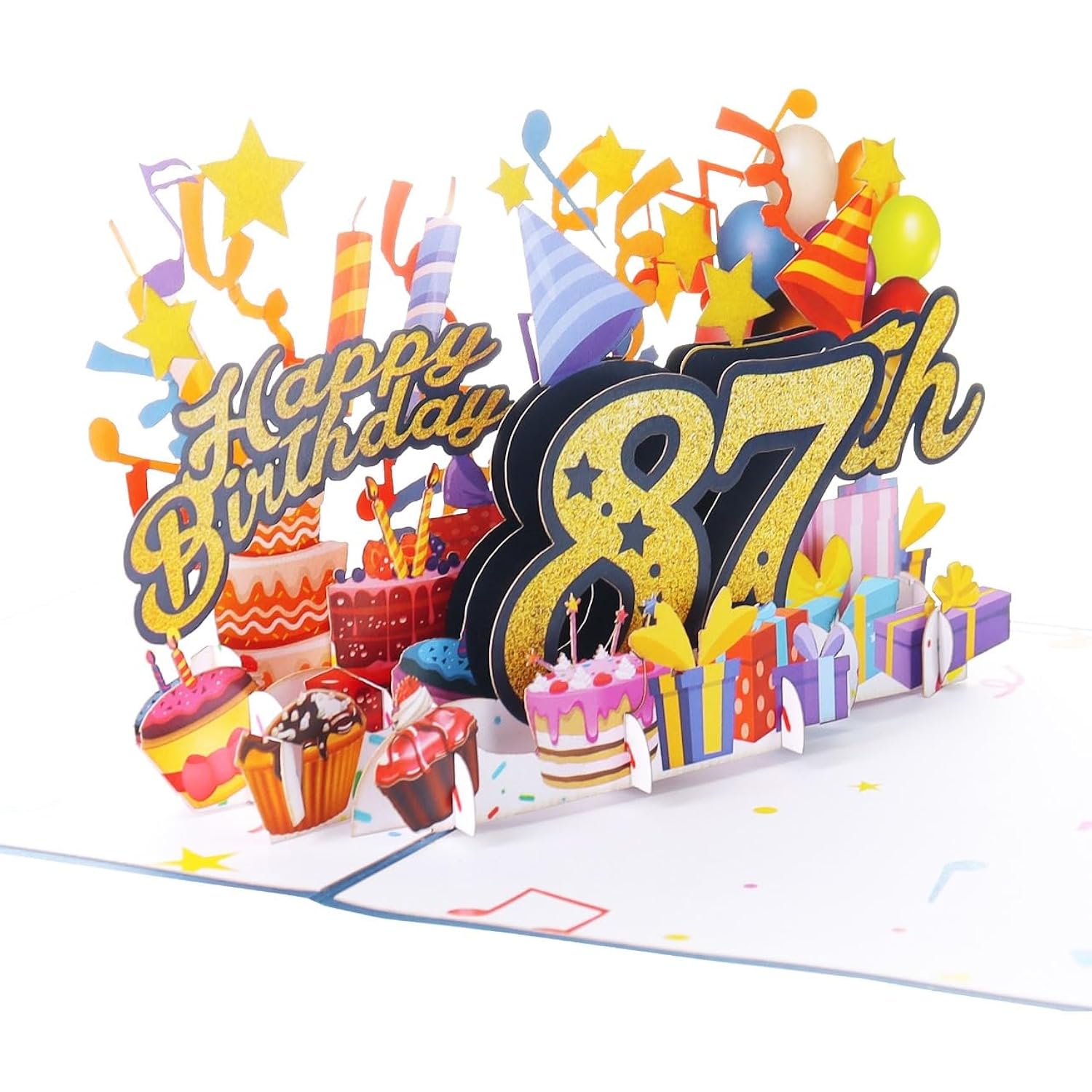 3D Pop Up Happy 87Th Birthday Card – Blue Design With Glitter Numbers, Balloons, Cakes & Gifts – Unique Bday Card For Dad, Mom, Husband, Wife, Man Or Woman – 5" X 7"
