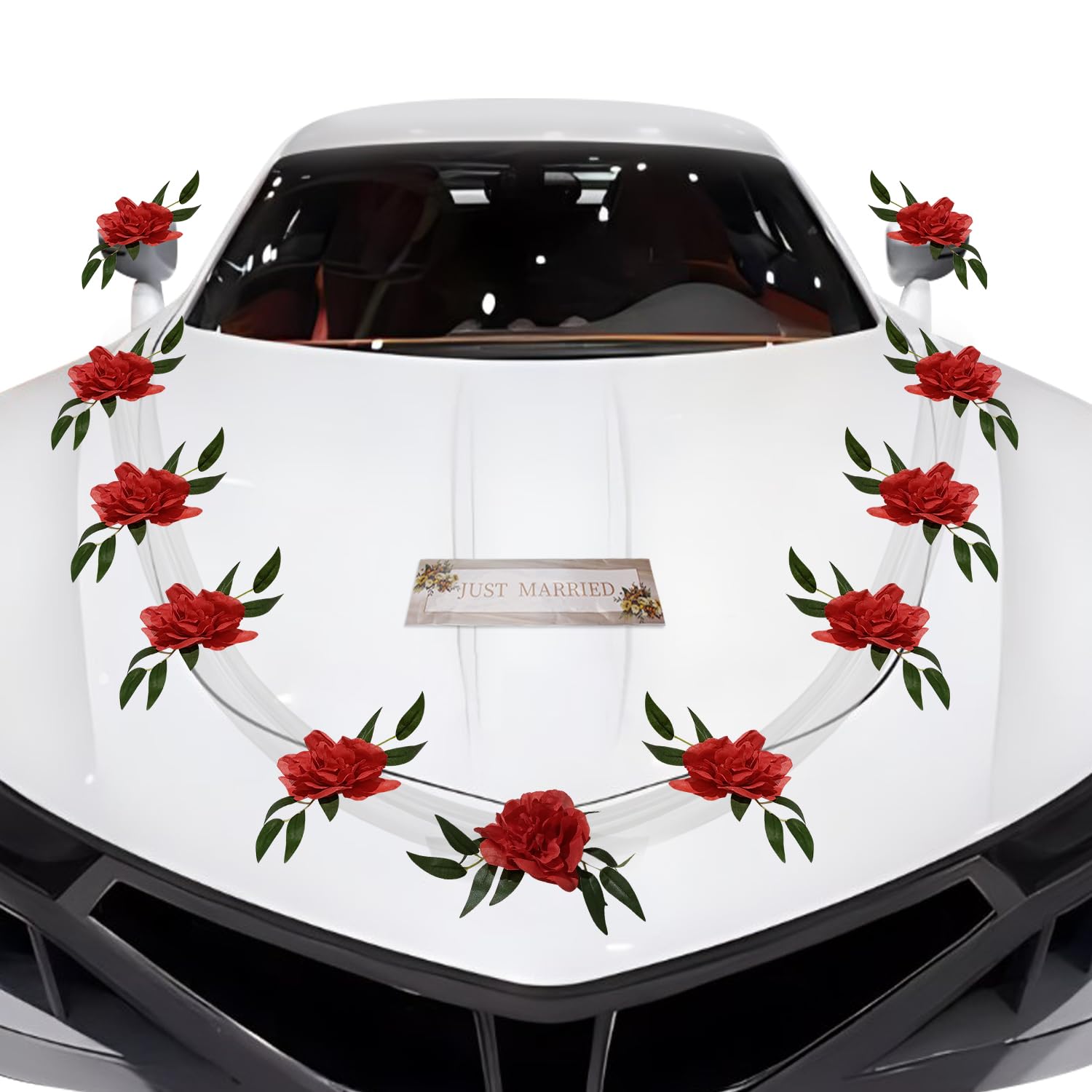 Artificial Wedding Car Decorations Kit With Suction Cups - Flowers, Bouquet, Ribbon Set - Artificial Rose Flowers For Car - Red