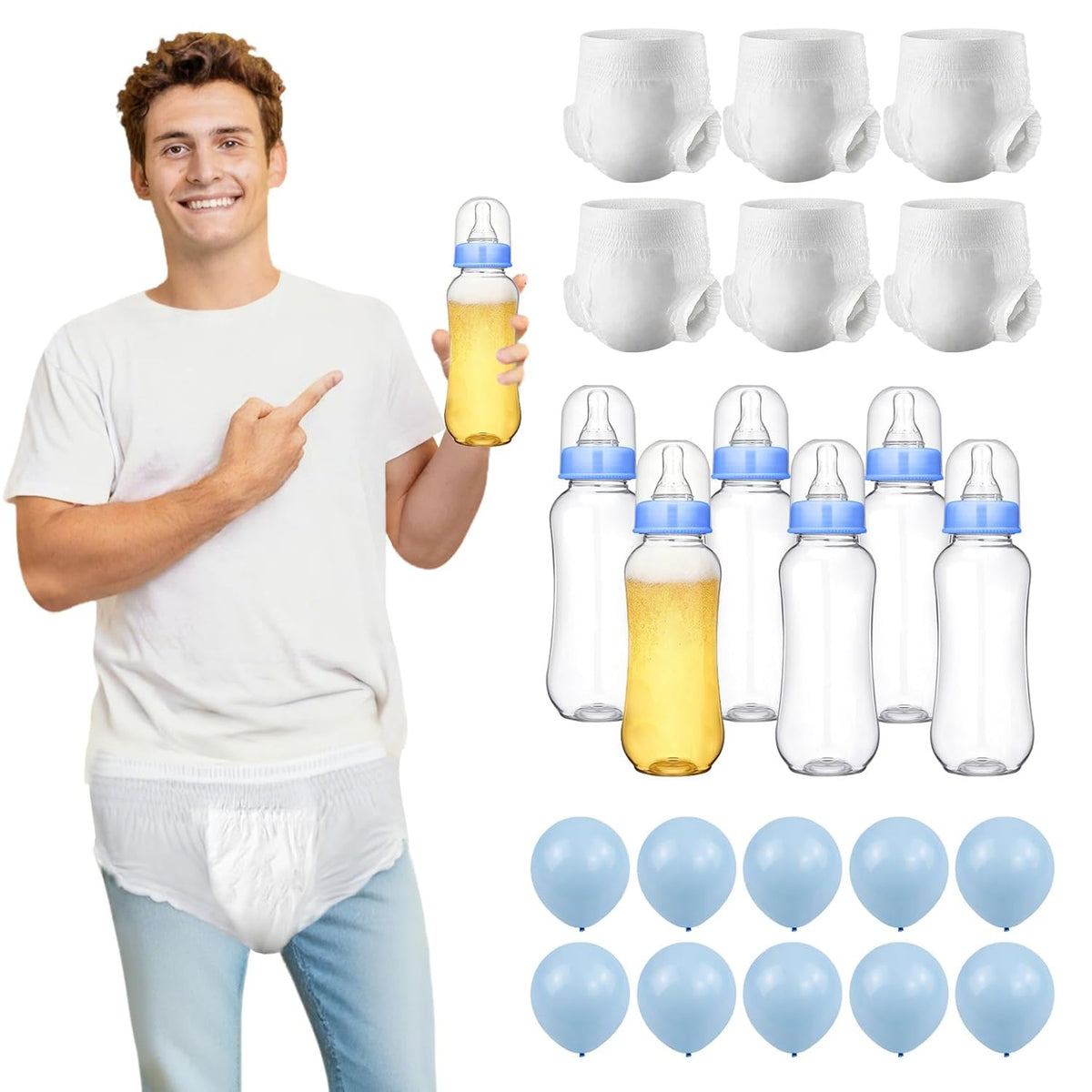 Bottle Chug Baby Shower Game Set - 6 Sets Hilarious Juegos Para Baby Shower Big Bottles Adult Diapers Balloons For Bottle Chug Changing Diaper Race Gender Reveal Party Decorations