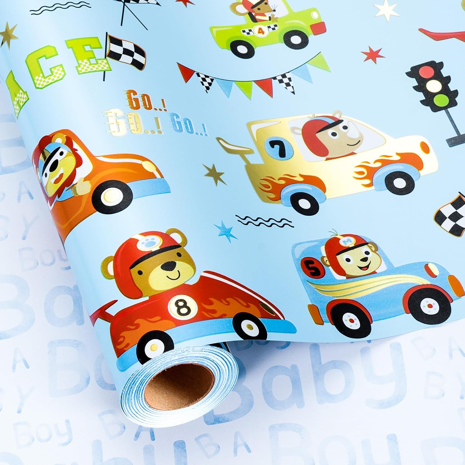 Blue Cars Wrapping Paper Rolls, Reversible Animal Race Car Gift Wrap Paper For Kids And Boys - 17 In X 16.4 Ft(23.3 Sqft) - Perfect For Baby Shower, Birthday, Party