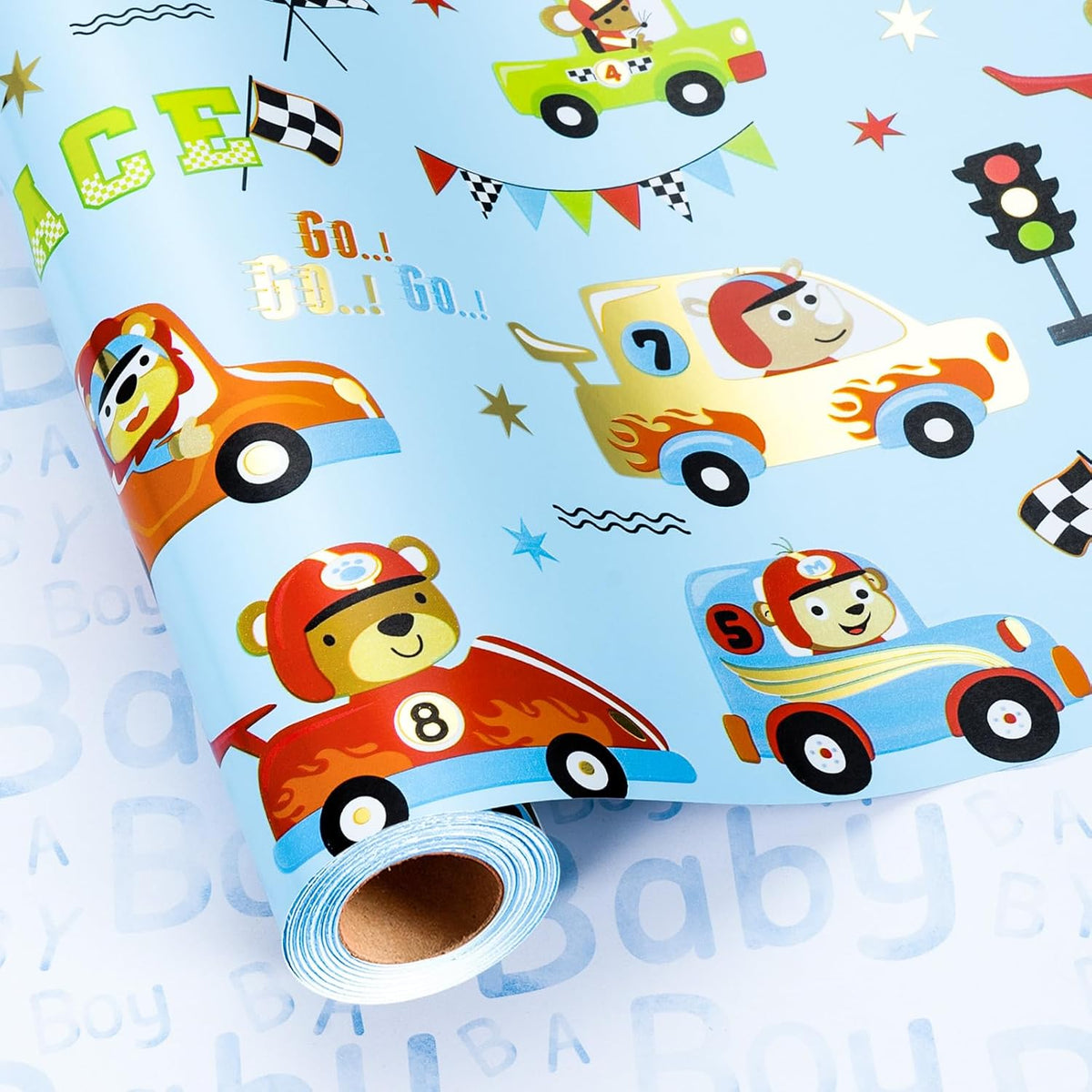 Blue Cars Wrapping Paper Rolls, Reversible Animal Race Car Gift Wrap Paper For Kids And Boys - 17 In X 16.4 Ft(23.3 Sqft) - Perfect For Baby Shower, Birthday, Party