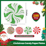 100 Pack Christmas Candy Paper Plates Peppermint Disposable Dinner Plates 9 Inch Red Green Holiday Serving Plates For Christmas Party Supplies Tableware Decoration