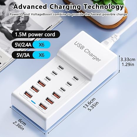 50W USB C Charging Station 12 Port Multi USB C Charger Power Strip for Phones Tablets