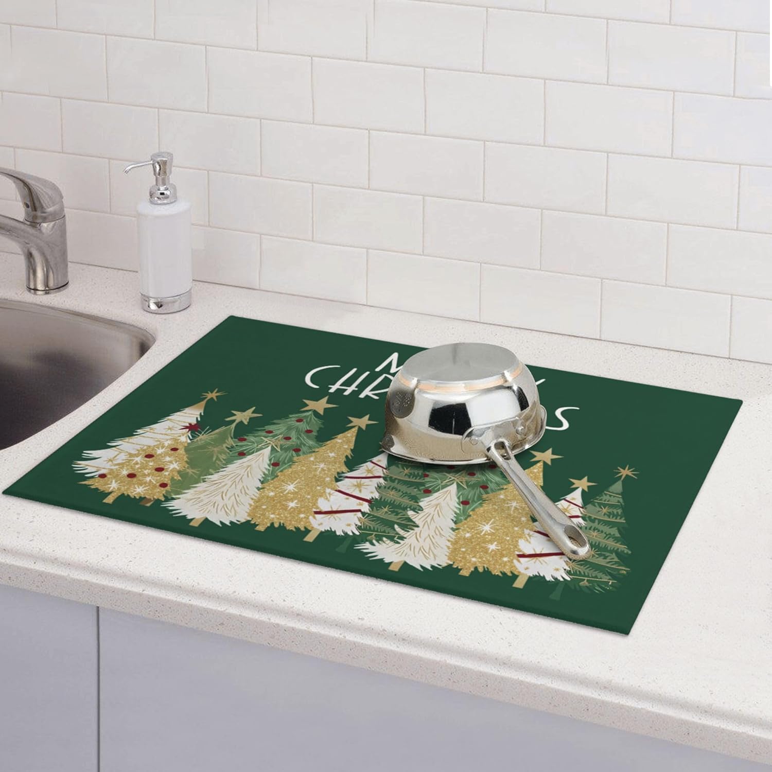 Christmas Dish Drying Mat For Kitchen Counter Microfiber Merry Christmas Dish Drying Mat For Dishes Absorbent Reversible Large Kitchen Dish Drying Pad Rack Mat 18X24 Inch