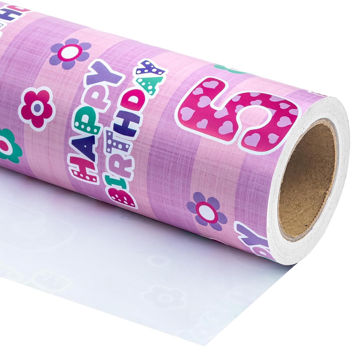 5Th Birthday Wrapping Paper - Mini Roll - 17 Inch X 9.8 Feet - Pink Floral And Happy Birthday Wrapping Paper For Girls, Baby Shower, Party, Holiday