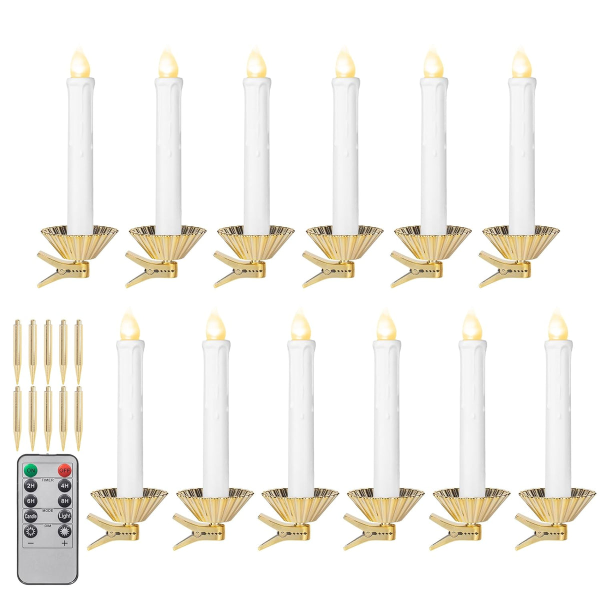Store 12Pcs White Led Candles Clips And Stakes 6-Inch With Timer Remote Control For Christmas Tree Wreath Table Centerpieces Candle