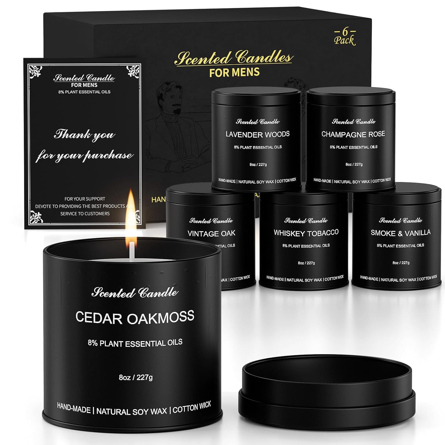 Men Scented Candle Set | Gifts For Men Aromatherapy Candles | 6 Pack Fragrances Black Tin Jar Candles | Scented Candle For Home,Work,Party | Manly Soy Candle Gifts For Boyfriend,Farther And Christmas