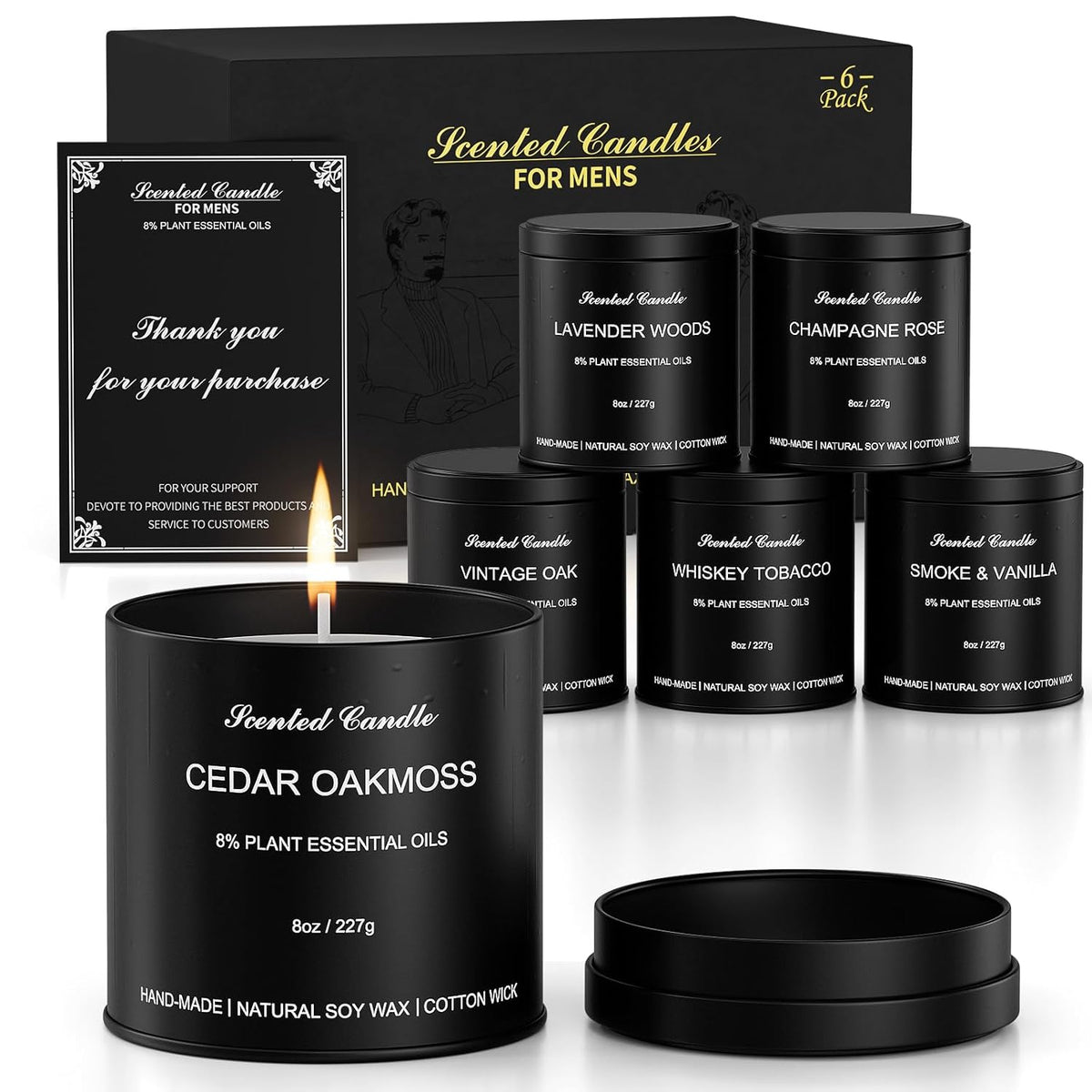 Men Scented Candle Set | Gifts For Men Aromatherapy Candles | 6 Pack Fragrances Black Tin Jar Candles | Scented Candle For Home,Work,Party | Manly Soy Candle Gifts For Boyfriend,Farther And Christmas