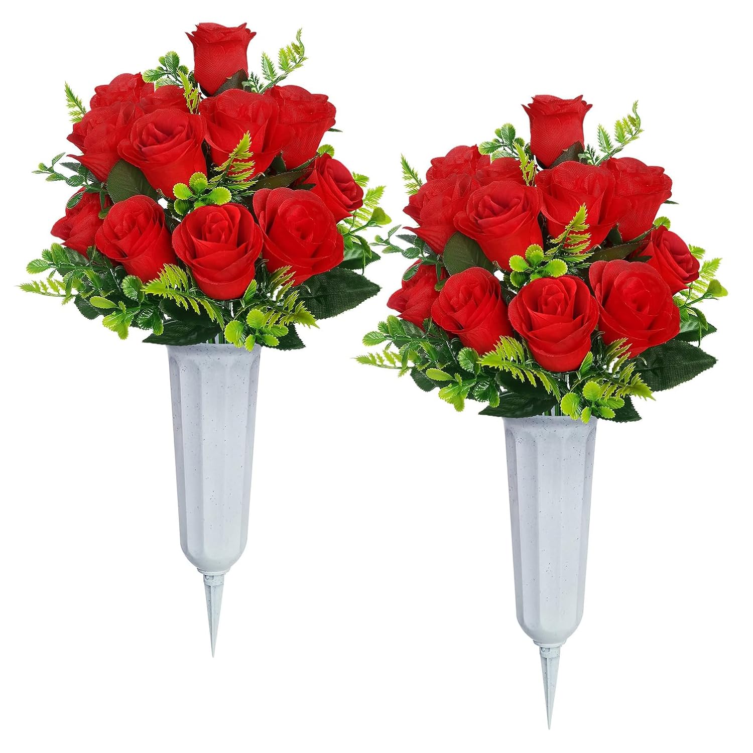 Artificial Cemetery Flowers,2 Sets Artificial Rose Flowers With Vase,Memorial Flowers Bouquet For Cemetery,Outdoor Grave Headstones Decoration(Red)