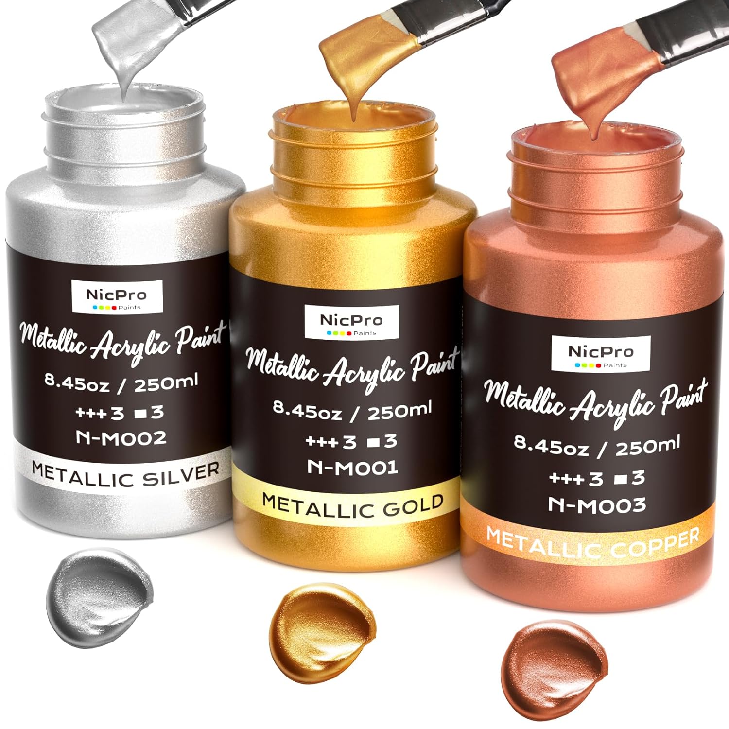 Acrylic Paint Metallic, 3 Colors Gold, Silver, Copper 25.35Oz/750Ml Gold Leaf Paint, Non Toxic, Non Fading For Art Painting, Handcrafts, Ideal For Multi-Surface, Canvas, Wood, Clay, Metal