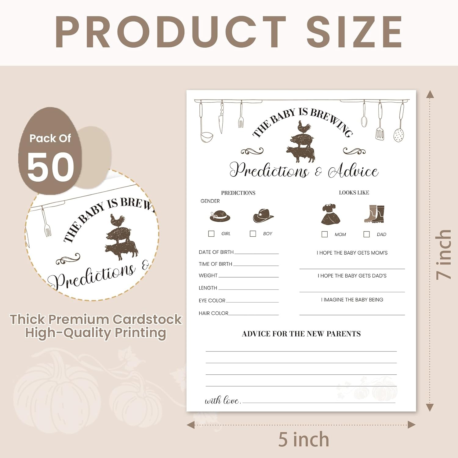 Farmyard Fun Baby Prediction Cards For New Parents, Advice And Wishes – 50 Rustic Gender Neutral Baby Shower Games For Boys And Girls - 5X7 Inch