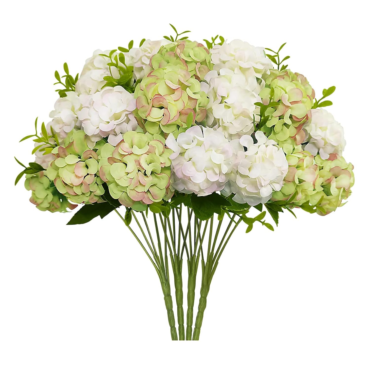 4 Bundles Small Hydrangea Artificial Flowers, Silk Fake Flower Bouquet For Wedding Party Home Decor.(White & Green)