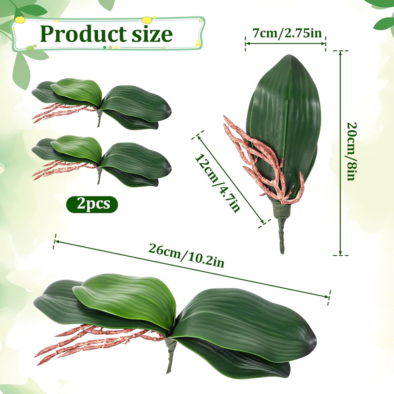 Faux Orchid Leaves, 2 Pack 8 Inch Artificial Phalaenopsis Stems Leaf Real Touch Orchids Leaf Artificial Cymbidium Flower Foliage Real Latex Touch Green Plant Orchid Leaves For Home Flowers Pot Decor