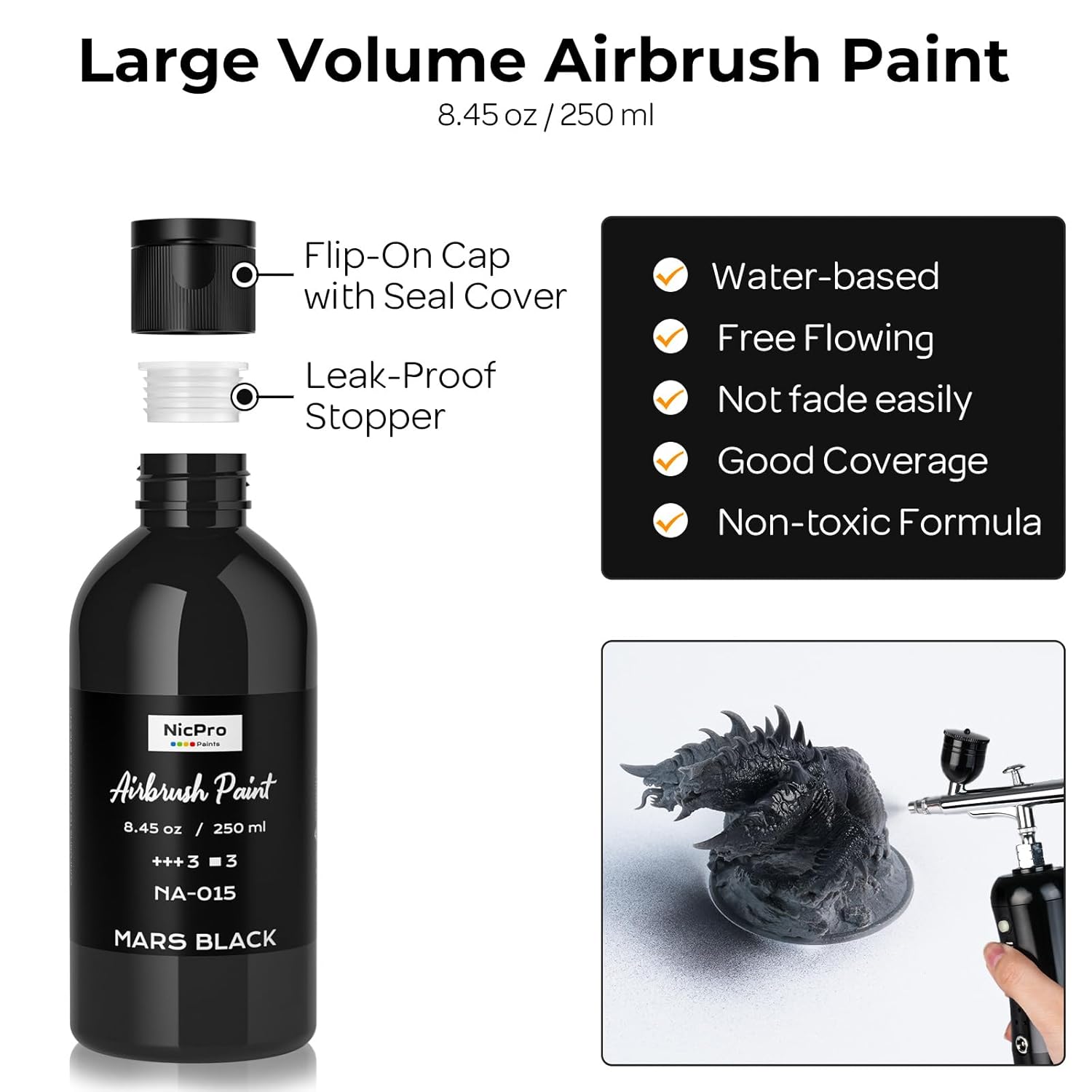 Black Large Airbrush Paint (8.45 Oz, 250 Ml) Ready To Spray Opaque Water-Based Acrylic Air Brush Paints For Model, Wood, Canvas, Metal, Plastic, Leather, For Beginners & Artists