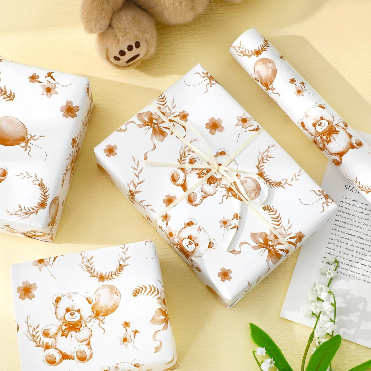 Bear Wrapping Paper -Mini Roll- 17In X 32.8Ft Brown Balloon Bear Flower Gift Wrap Paper Baby Shower Craft Paper For Diy Craft Supplies