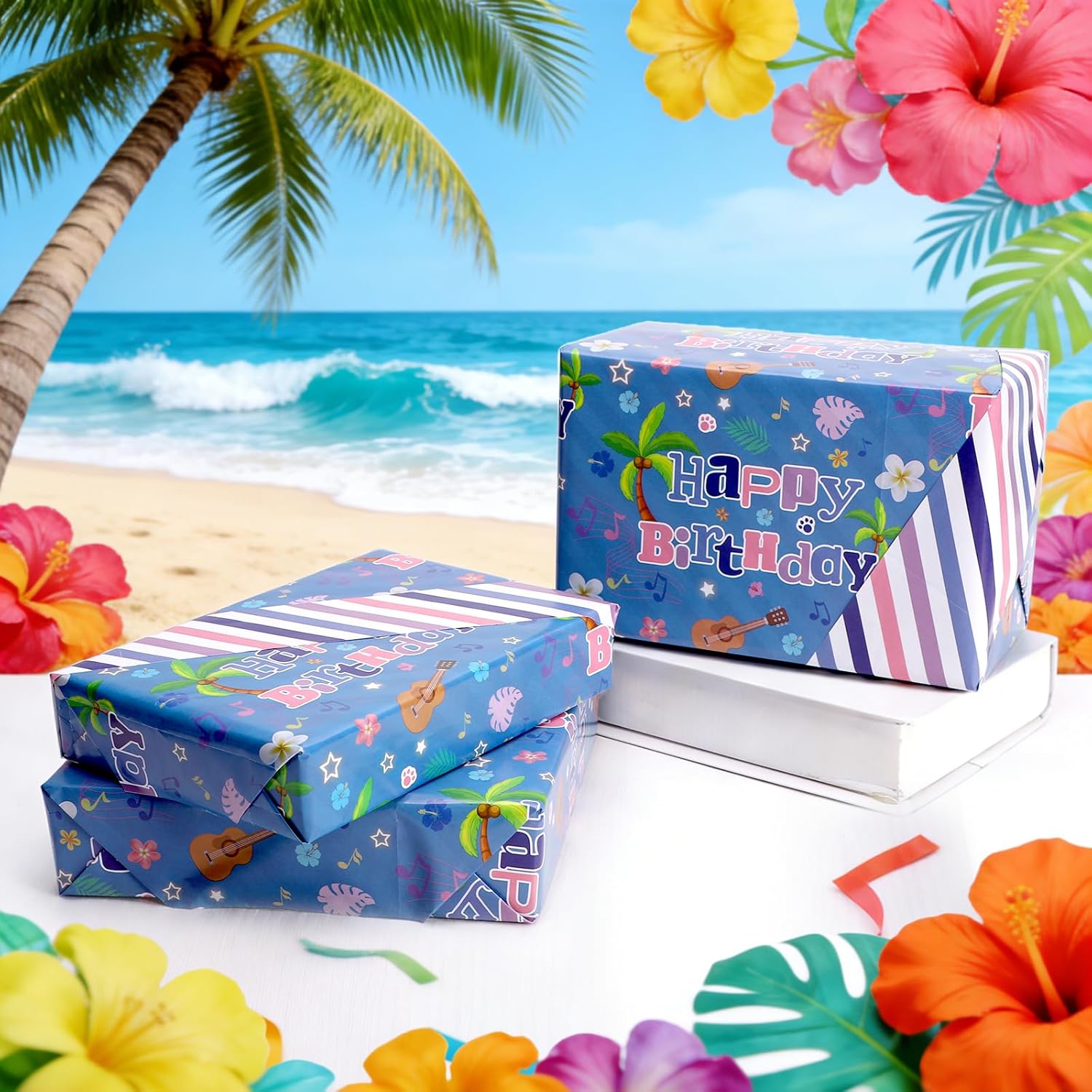 Reversible Hawaiian Happy Birthday Wrapping Paper - 8 Sheets | Hawaii Tropical Plant Flower Print Gift Wrap Paper For Kids’ Birthdays, Baby Showers, Holiday & Aloha-Themed Greetings 19.7" X 27.6"
