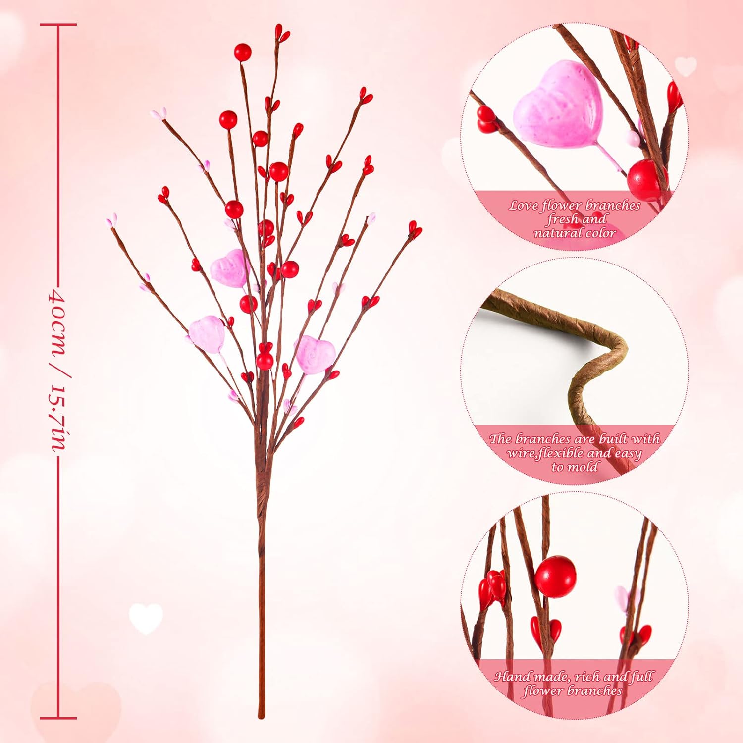 10 Pcs Valentine Artificial Plants Heart Berry Stems 16 Inch Artificial Flowers Twig Stem Heart Bunch Fake Floral Bunch Decorations For Valentine Irish Vase Bouquet And Diy Craft(Valentine Heart)