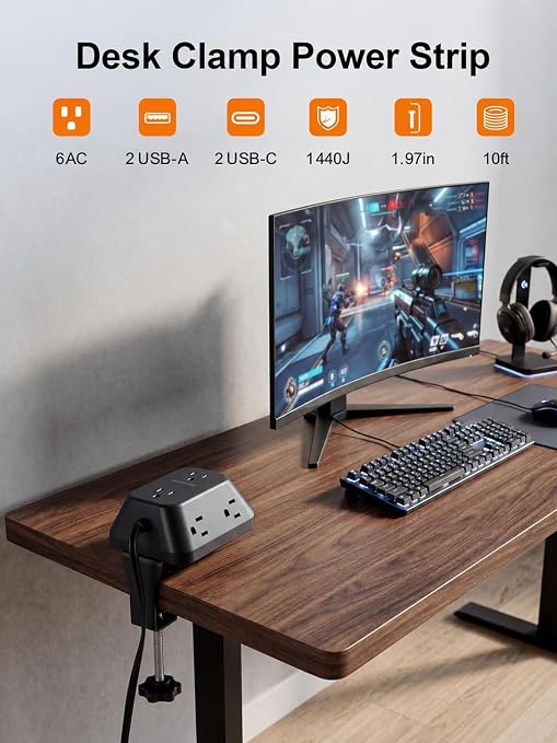 Desk Clamp Power Strip 6 Outlets 4 USB 10FT Cord 1440J Surge Protector