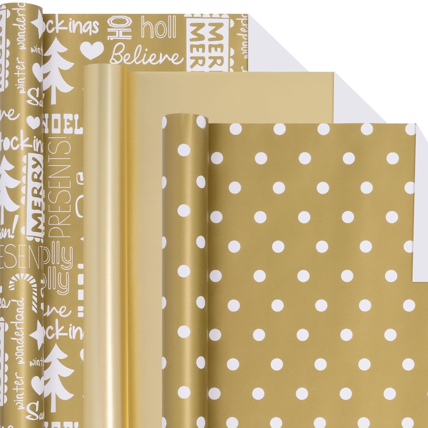 Christmas Wrapping Paper, 3 Mini Rolls White Gold Gift Wrapping Paper 17In X 120In, Metallic Solid Gold Wrapping Paper With Polka Dots Merry Christmas Design For New Year Holiday Birthday