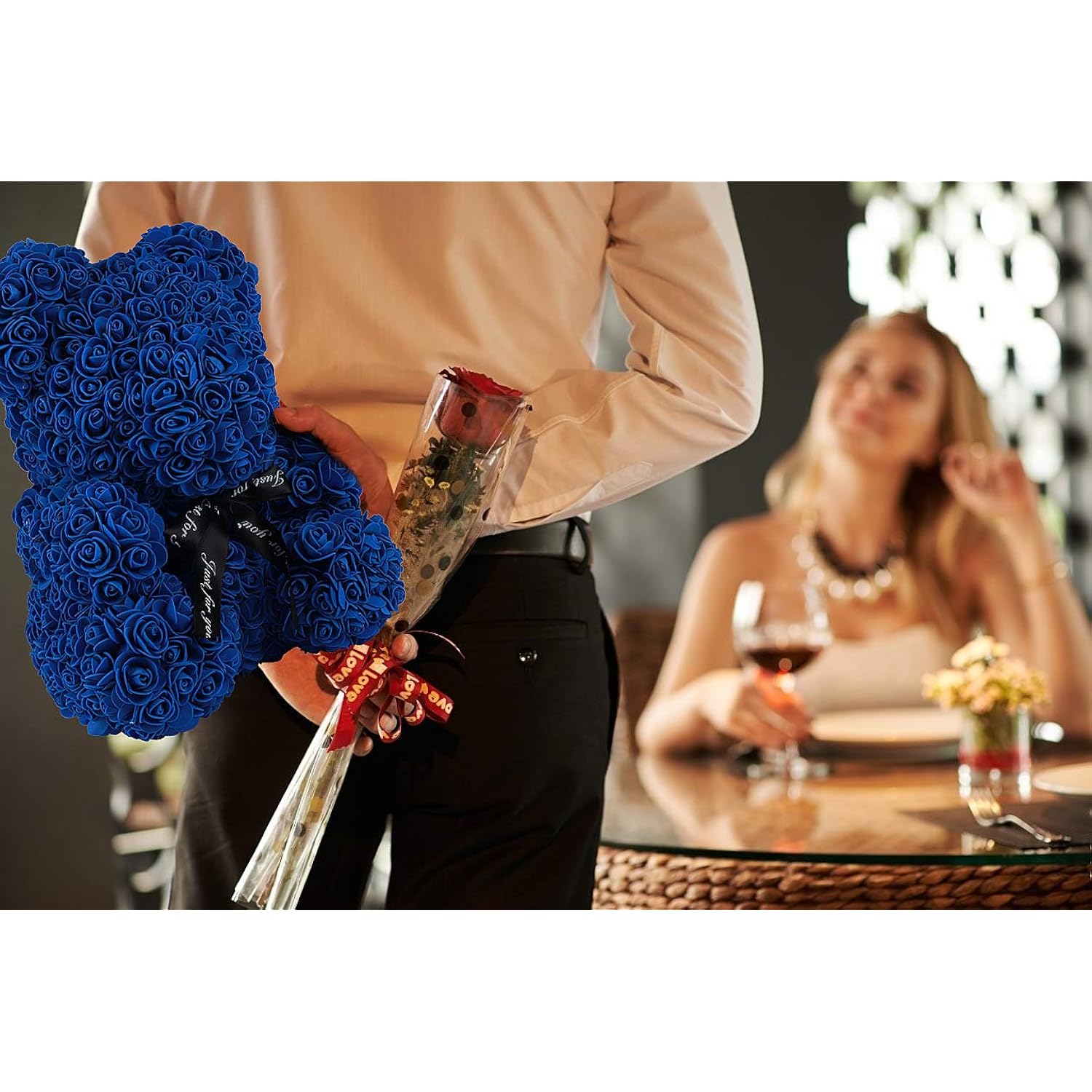 Rose Teddy Bear, 10 Inch Flower Bears With Lights, Artificial Foam Floral Gifts For Valentines Day Mothers Day Christmas Wedding Anniversary Birthday Home Bedroom Office Decor (A-Royal Blue)