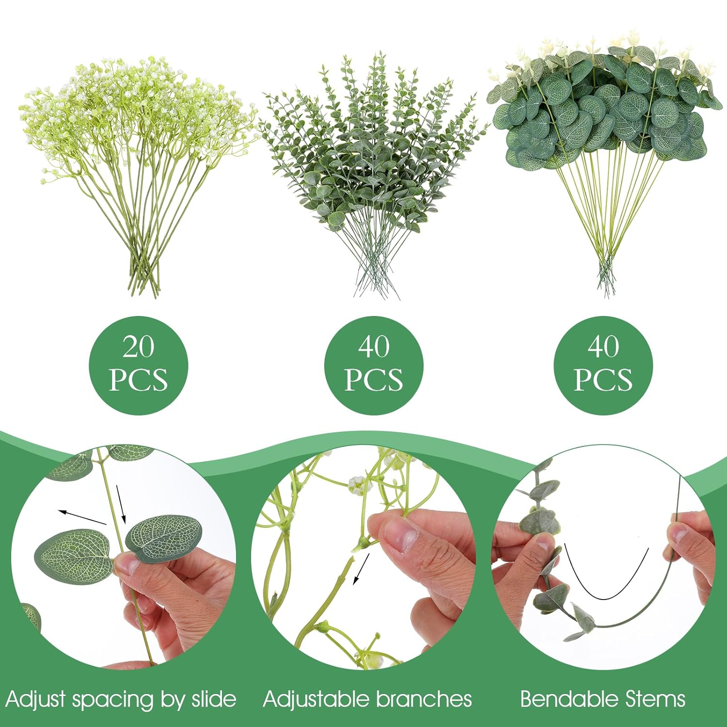 100Pcs 3 Kinds Mixed Artificial Eucalyptus Stems, Baby Breath Artificial Flowers With Faux Eucalyptus Bundle Leaves Greenery Branches For Wedding Diy Vase Bouquets Floral Arrangement Home Decor