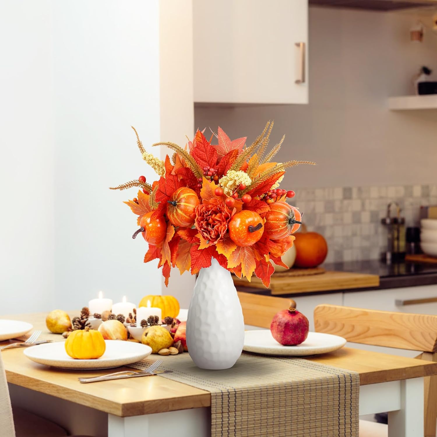 Fall Decor, 4Pcs Artificial Autumn Pumpkin Berry Flower Maple Plant Stems Picks Vase Decorations, For Home Harvest Holiday Halloween Thanksgiving Table Indoor Decor