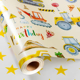 Construction Wrapping Paper Roll, Colorful Excavator,Tractor With Happy Birthday & Star Reversible Gift Wrap For Kids Birthday, Baby Boy Shower, Party, Celebration - Mini Roll(17 In X 32.8 Ft)